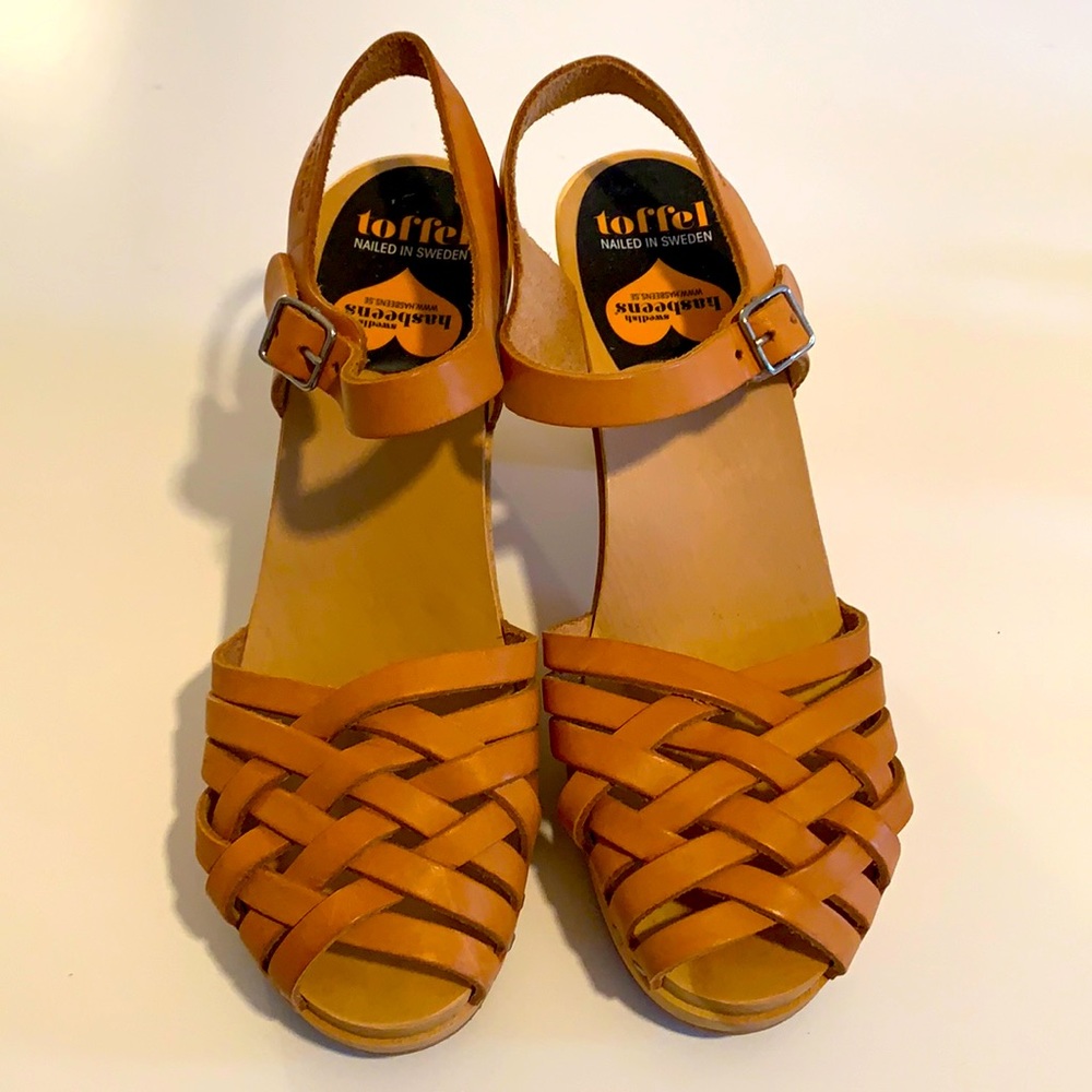 Swedish Hasbeen braided sky high clog sandals.